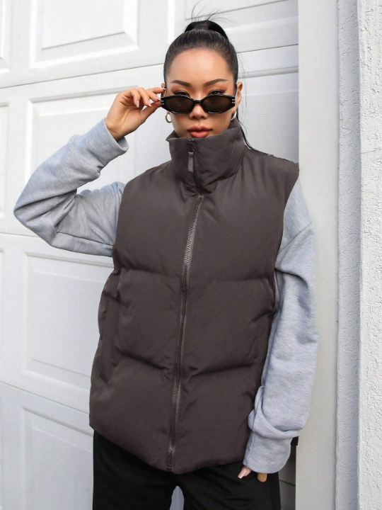 DAZY Zip Up Slant Pocket Puffer Vest Coat