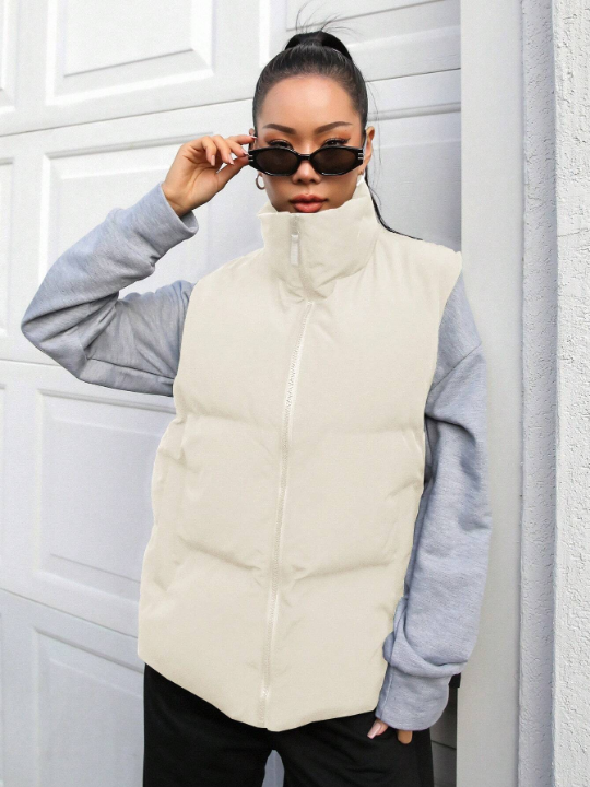 DAZY Zip Up Slant Pocket Puffer Vest Coat