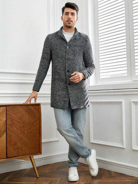 Manfinity Mode Men Button Front Tweed Overcoat