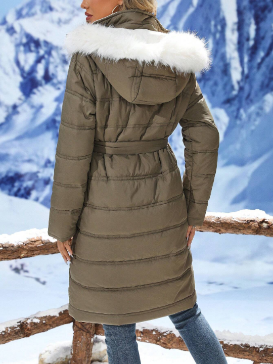 LUNE Fuzzy Trim Belted Hooded Puffer Coat