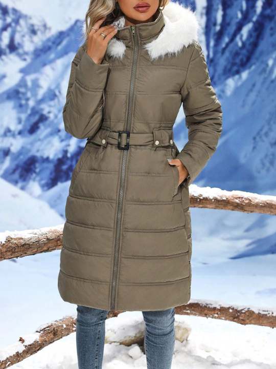 LUNE Fuzzy Trim Belted Hooded Puffer Coat