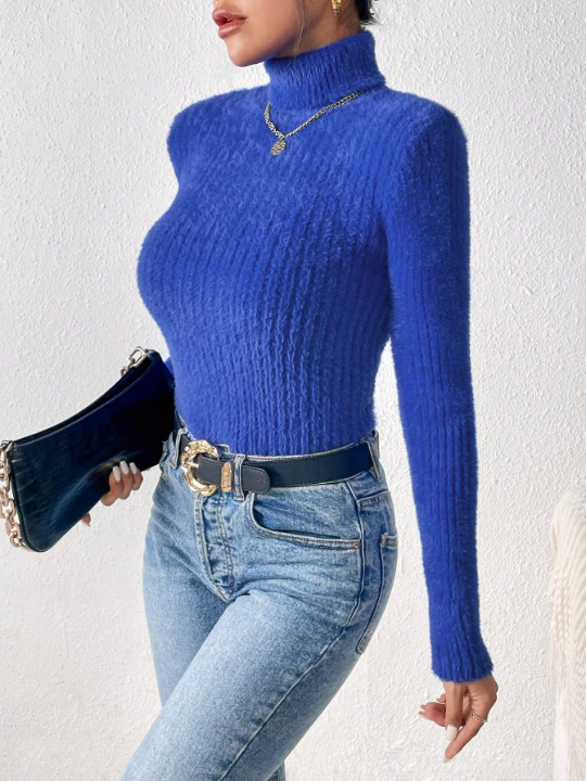 Frenchy Turtleneck Ribbed Knit Sweater