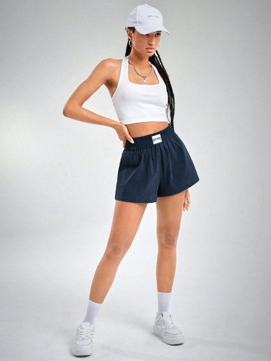 EZwear Letter Patched Detail Wide Leg Shorts