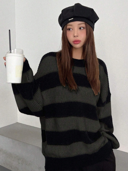 DAZY Striped Pattern Drop Shoulder Sweater