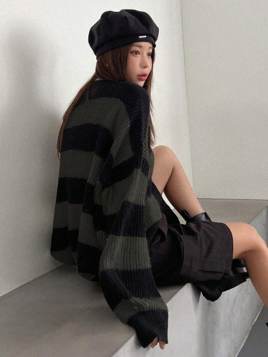 DAZY Striped Pattern Drop Shoulder Sweater