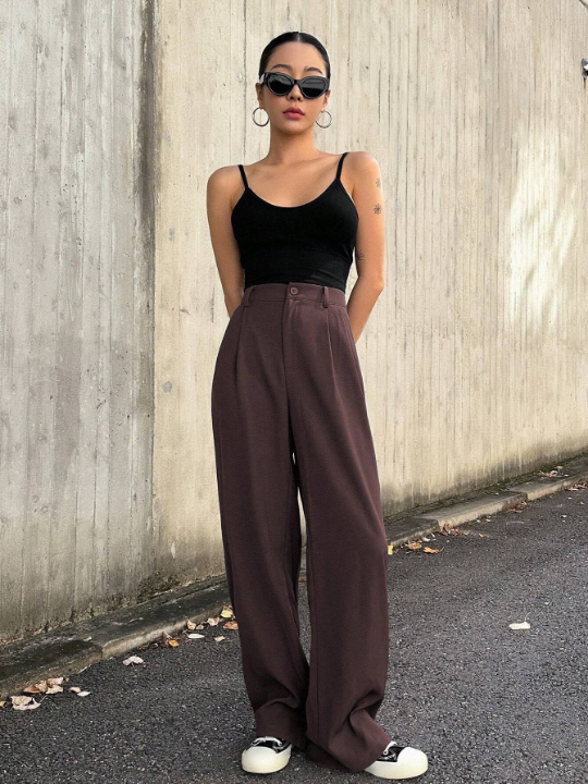 DAZY High Waist Plicated Detail Wide Leg Pants