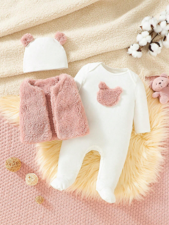 Baby Girl 3pcs Fleece Vest Set With Cute Embroidered Bear, Ideal For Home/Outwear