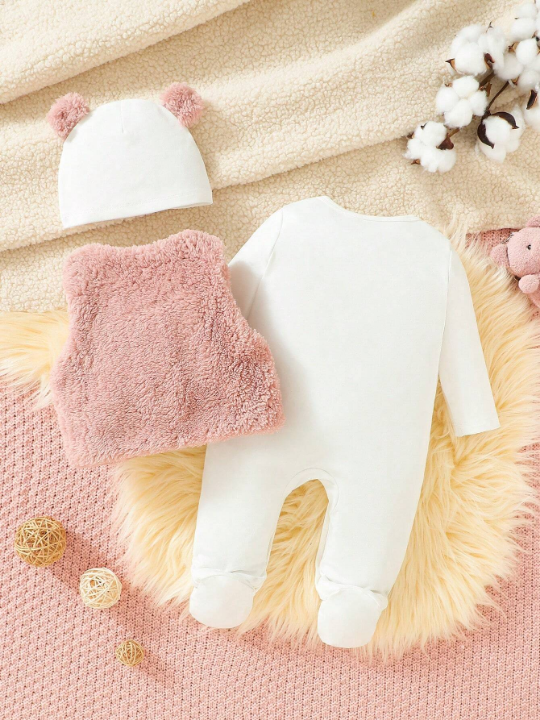 Baby Girl 3pcs Fleece Vest Set With Cute Embroidered Bear, Ideal For Home/Outwear