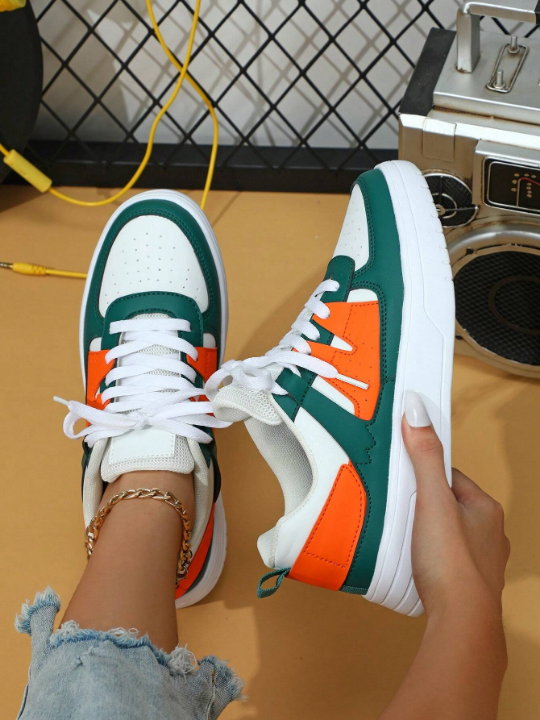 White Green Orange Campus Fashionable Sneakers, Streetwear Style Walking Shoes, Leisure Campus Shoes