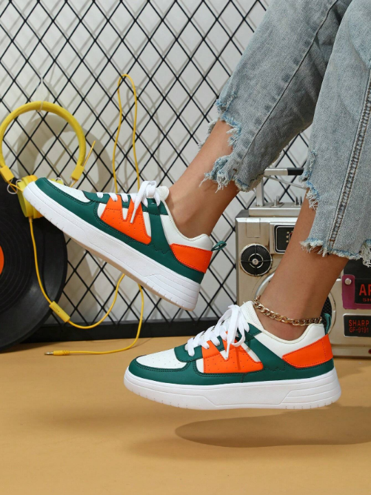 White Green Orange Campus Fashionable Sneakers, Streetwear Style Walking Shoes, Leisure Campus Shoes