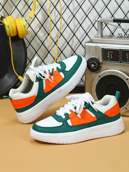 White Green Orange Campus Fashionable Sneakers, Streetwear Style Walking Shoes, Leisure Campus Shoes