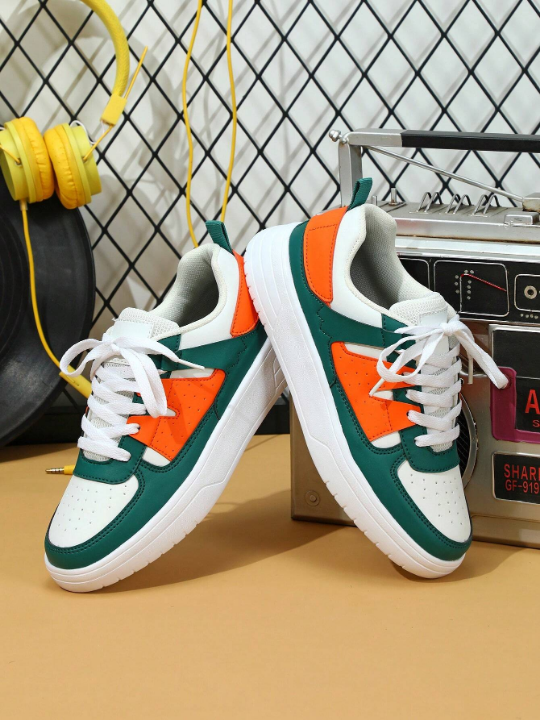 White Green Orange Campus Fashionable Sneakers, Streetwear Style Walking Shoes, Leisure Campus Shoes