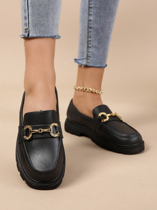 Women's Comfortable And Versatile Black Pu Leather Loafers With Metallic Decorations For Autumn And Winter