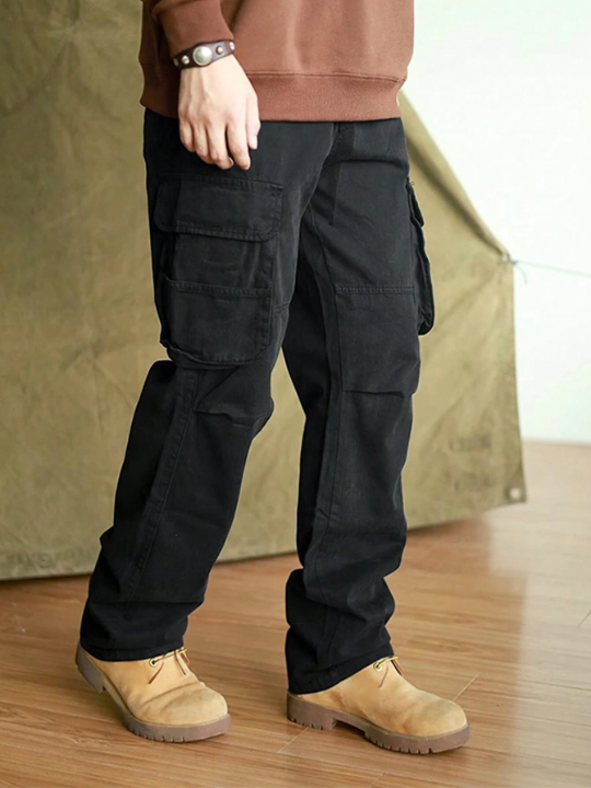 Manfinity Hypemode Loose Fit Men's Solid Color Flip-Pocket Long Pants