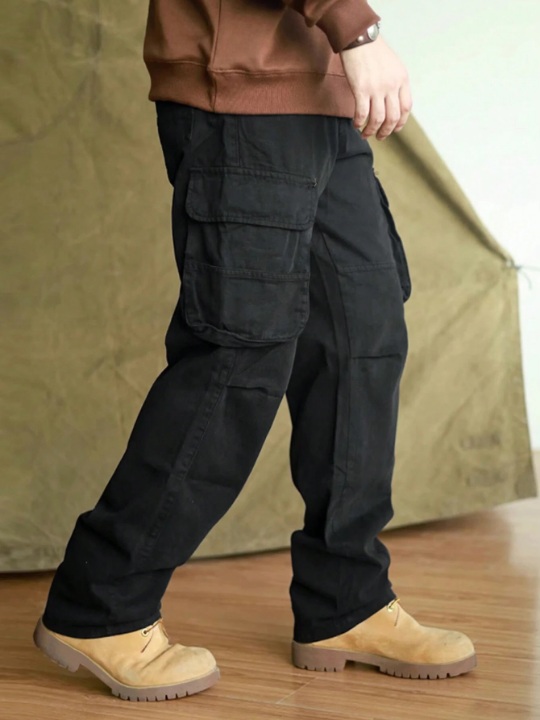 Manfinity Hypemode Loose Fit Men's Solid Color Flip-Pocket Long Pants