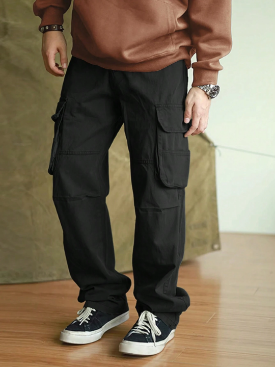 Manfinity Hypemode Loose Fit Men's Solid Color Flip-Pocket Long Pants