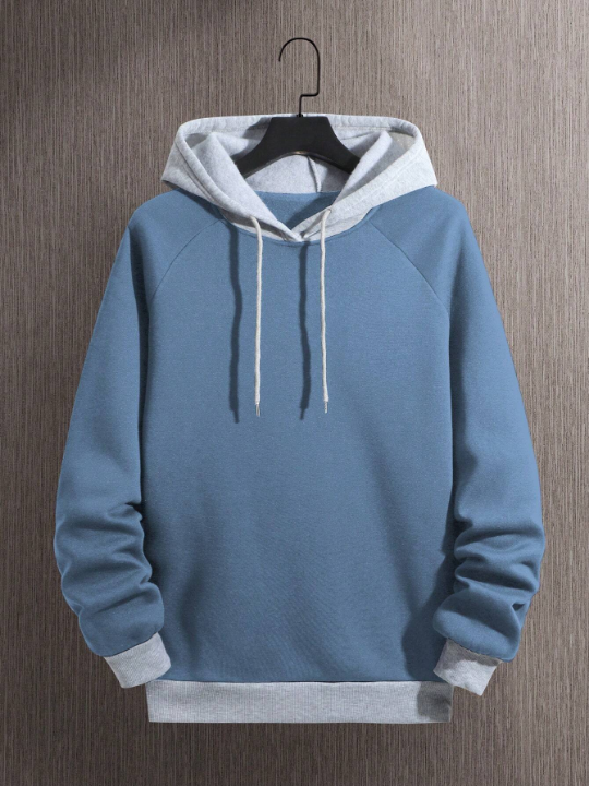 Men Colorblock Raglan Sleeve Drawstring Thermal Lined Hoodie