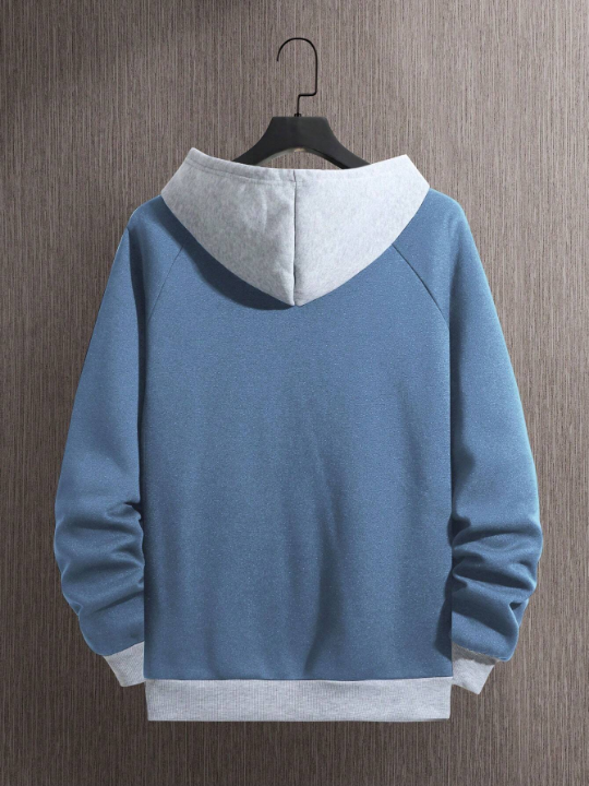 Men Colorblock Raglan Sleeve Drawstring Thermal Lined Hoodie