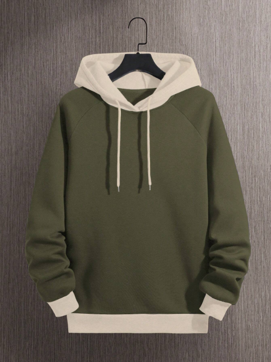 Men Colorblock Raglan Sleeve Drawstring Thermal Lined Hoodie
