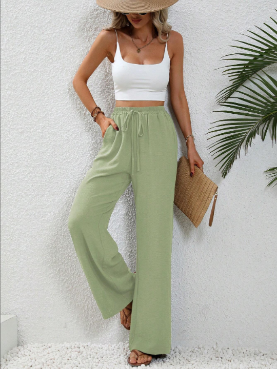 LUNE Solid Drawstring Waist Wide Leg Pants