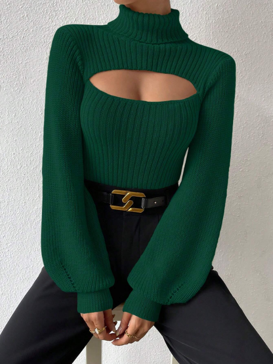 Essnce Turtleneck Cut Out Lantern Sleeve Sweater