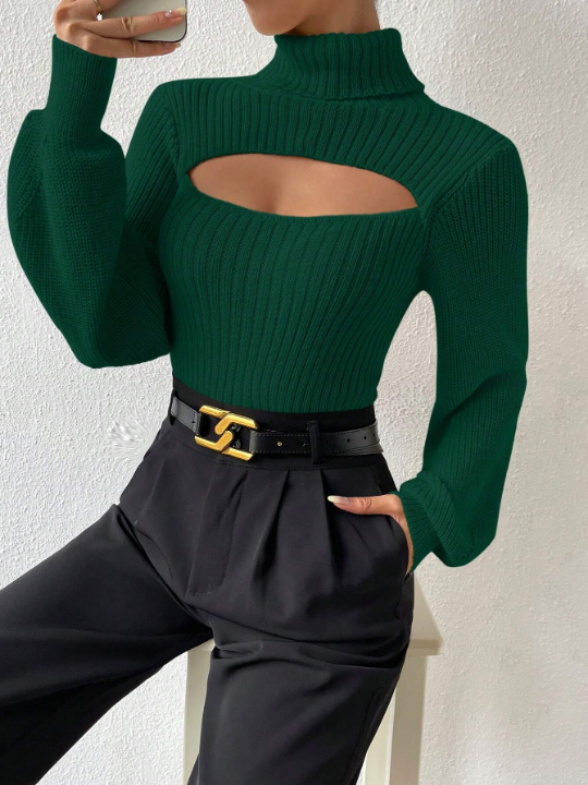 Essnce Turtleneck Cut Out Lantern Sleeve Sweater