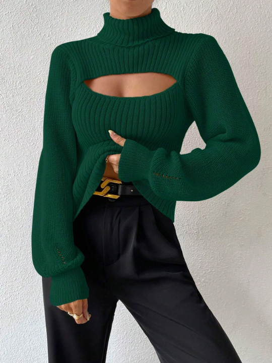 Essnce Turtleneck Cut Out Lantern Sleeve Sweater