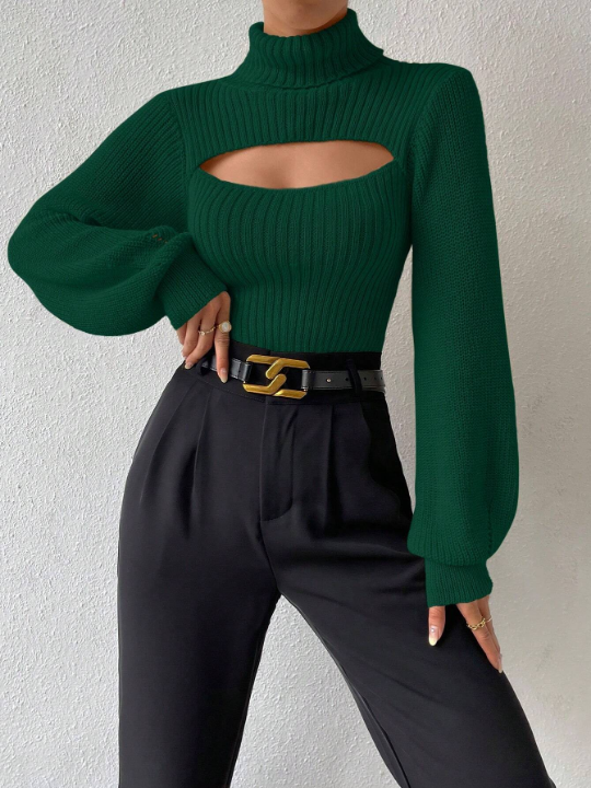 Essnce Turtleneck Cut Out Lantern Sleeve Sweater