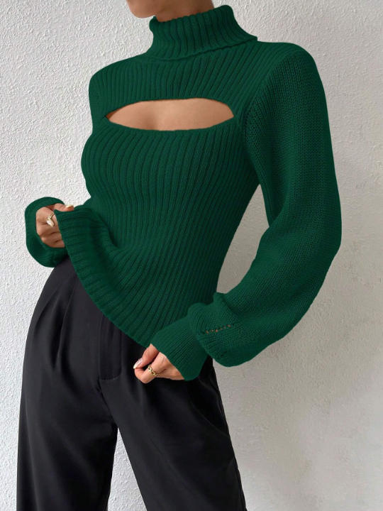 Essnce Turtleneck Cut Out Lantern Sleeve Sweater