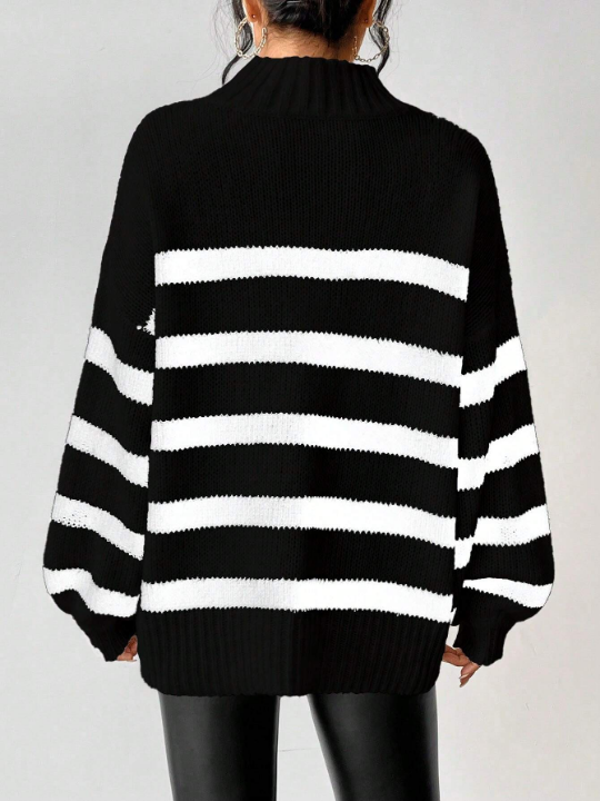 Essnce Striped Pattern Mock Neck Drop Shoulder Sweater