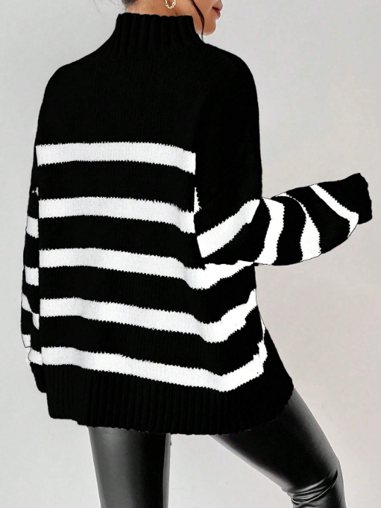 Essnce Striped Pattern Mock Neck Drop Shoulder Sweater