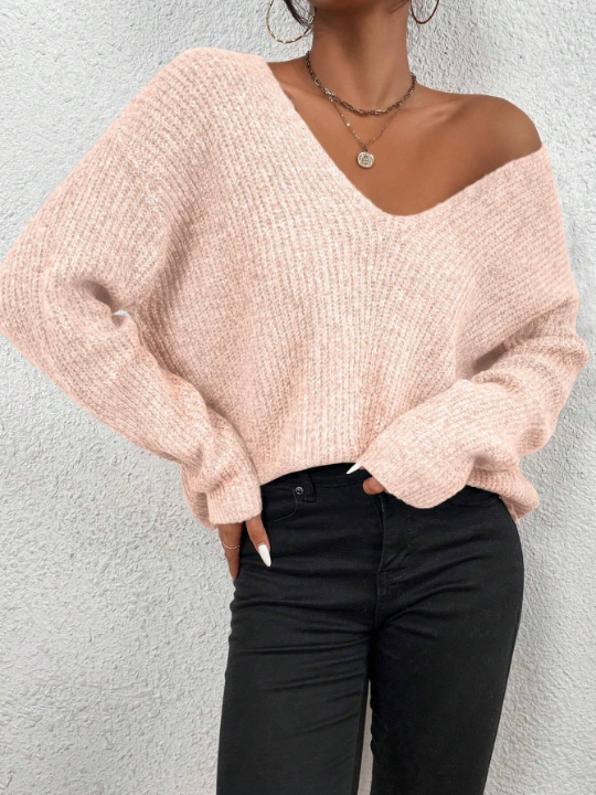 Frenchy V Neck Drop Shoulder Ribbed Knit Sweater