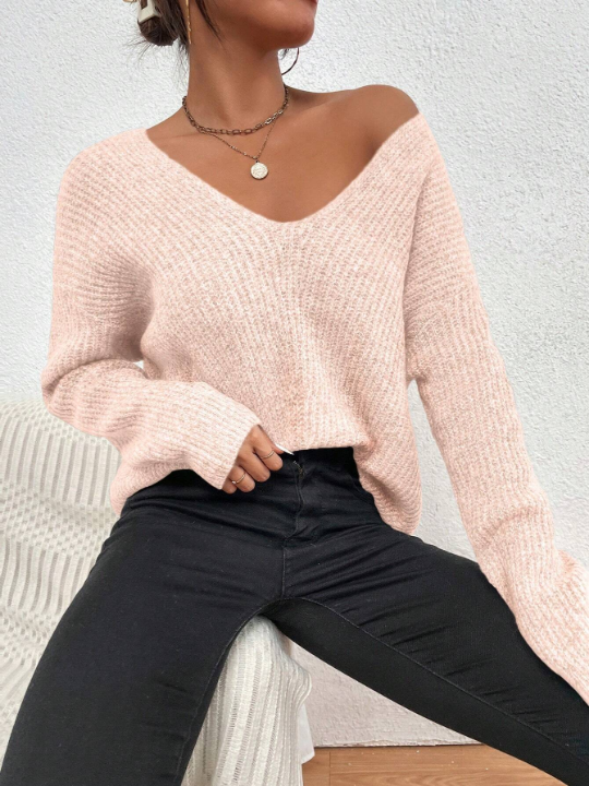 Frenchy V Neck Drop Shoulder Ribbed Knit Sweater