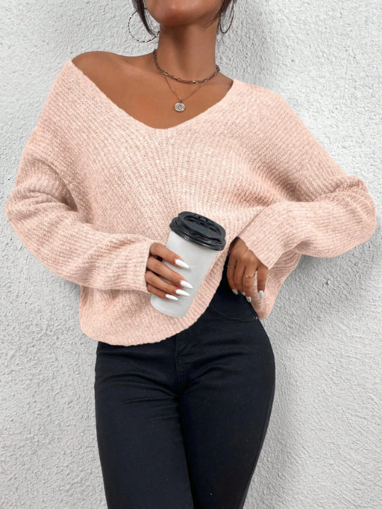 Frenchy V Neck Drop Shoulder Ribbed Knit Sweater