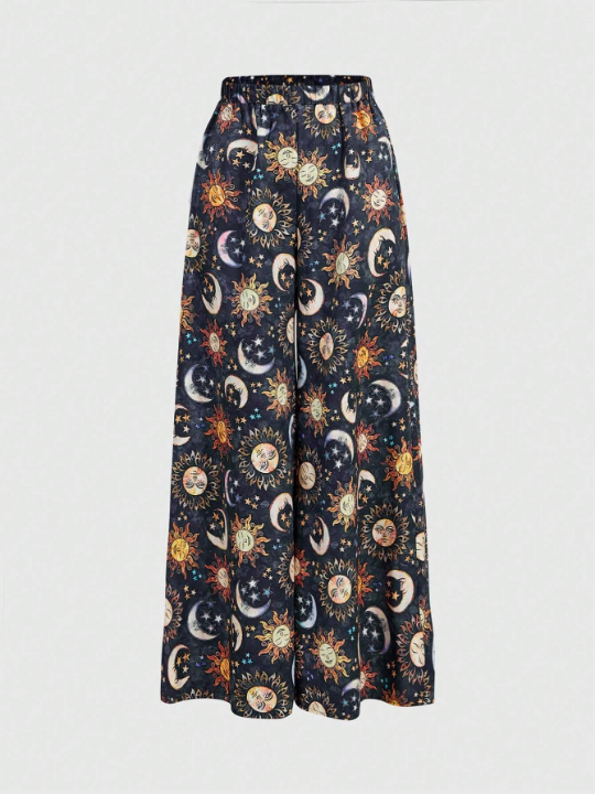 ROMWE Hippie Sun & Moon Print Wide Leg Pants