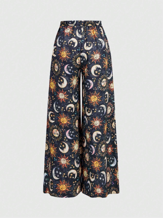 ROMWE Hippie Sun & Moon Print Wide Leg Pants