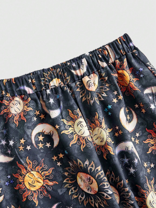 ROMWE Hippie Sun & Moon Print Wide Leg Pants