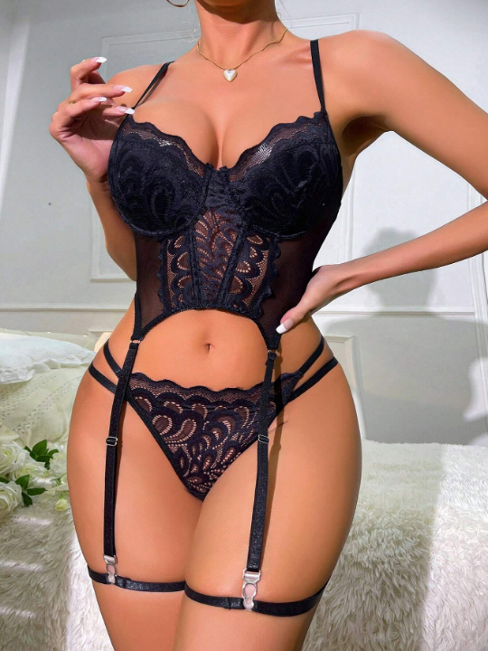 Floral Lace Underwire Garter Lingerie Set