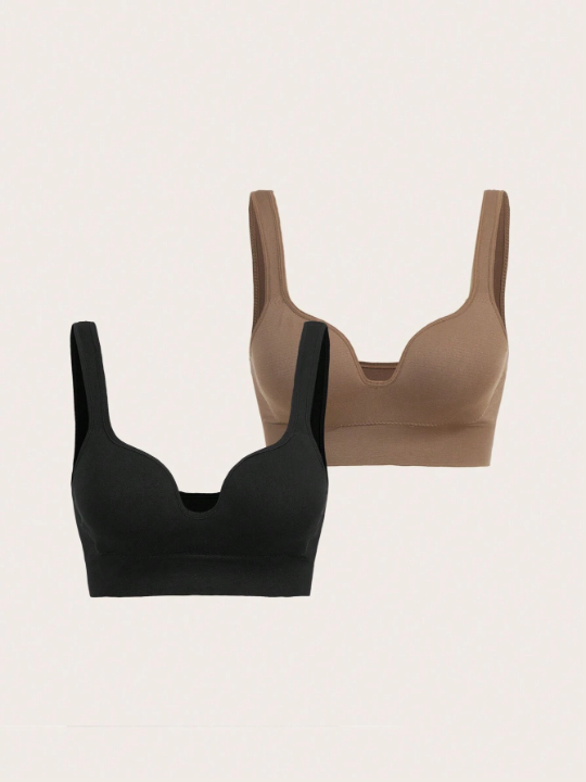 Yoga Basic 2pcs Solid Ribbed Knit Sports Push Up Bra