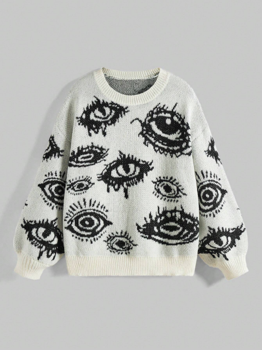 ROMWE Grunge Punk Eyes Pattern Drop Shoulder Sweater