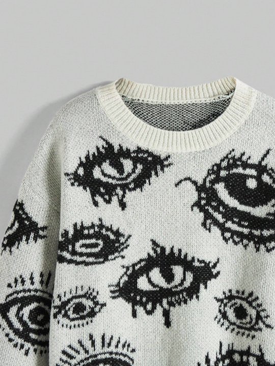 ROMWE Grunge Punk Eyes Pattern Drop Shoulder Sweater