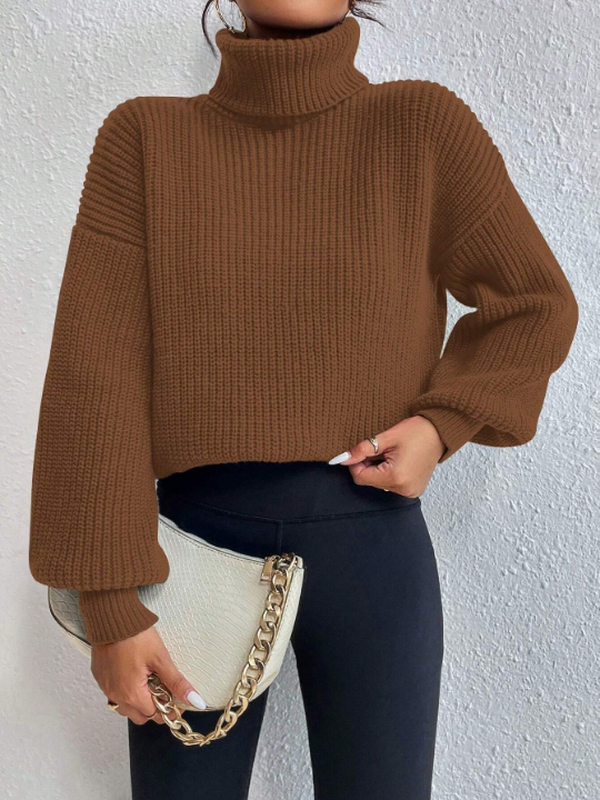 Frenchy Turtleneck Drop Shoulder Ribbed Knit Sweater