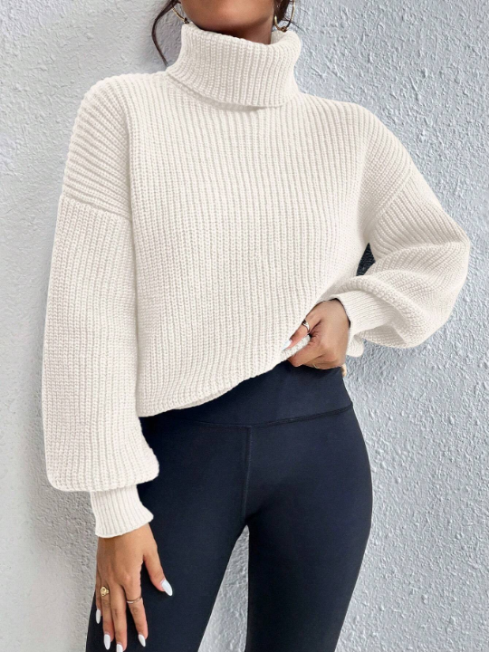 Frenchy Turtleneck Drop Shoulder Ribbed Knit Sweater