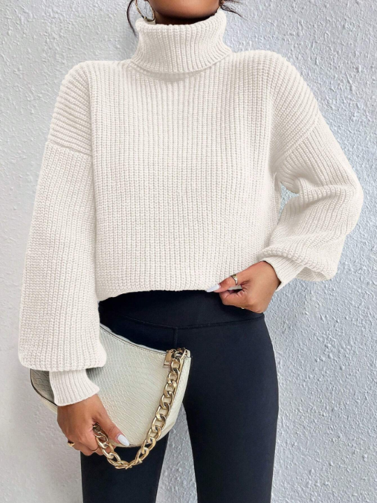 Frenchy Turtleneck Drop Shoulder Ribbed Knit Sweater