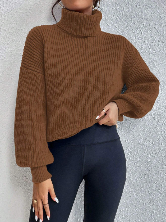 Frenchy Turtleneck Drop Shoulder Ribbed Knit Sweater