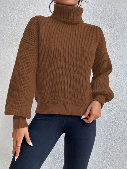 Frenchy Turtleneck Drop Shoulder Ribbed Knit Sweater