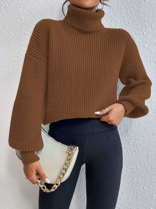 Frenchy Turtleneck Drop Shoulder Ribbed Knit Sweater