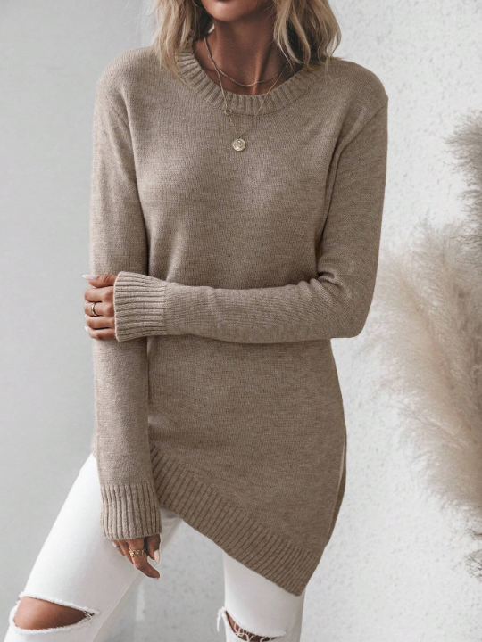 Frenchy Solid Asymmetrical Hem Sweater