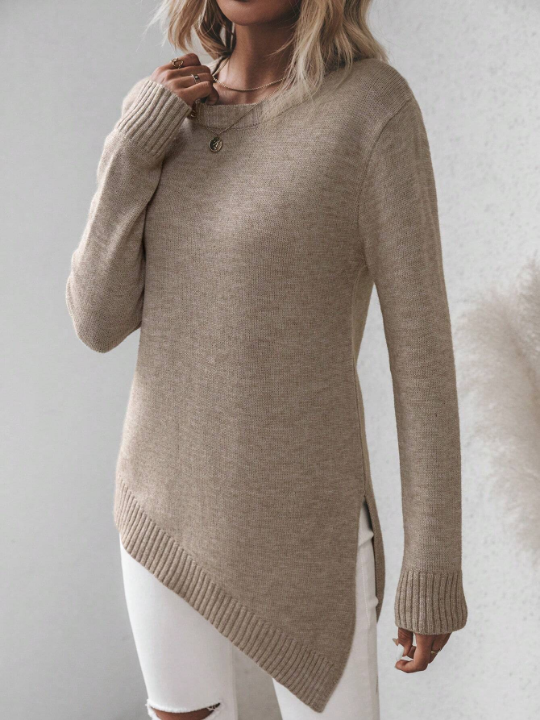 Frenchy Solid Asymmetrical Hem Sweater