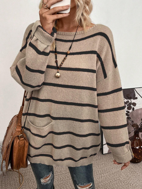 LUNE Striped Pattern Drop Shoulder Pocket Patched Sweater